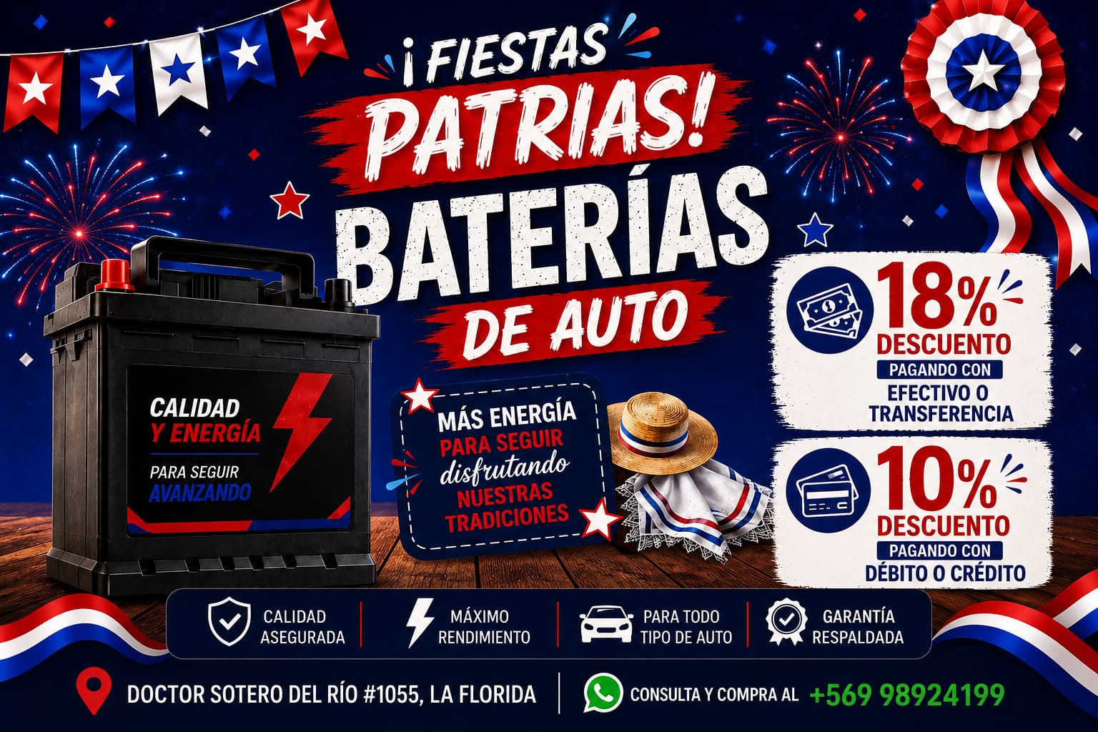 Fiestas Patrias: baterías de auto con 18% de descuento pagando con efectivo o transferencia y 10% pagando con débito o crédito