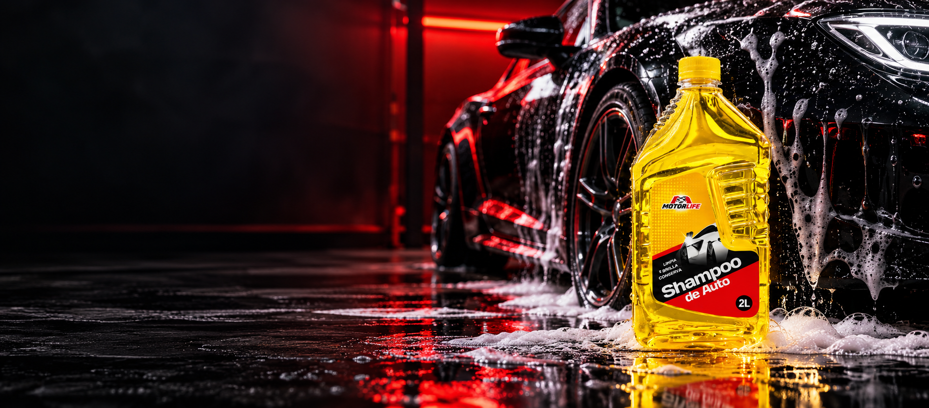 Shampoo Motorlife frente a un automóvil cubierto de espuma