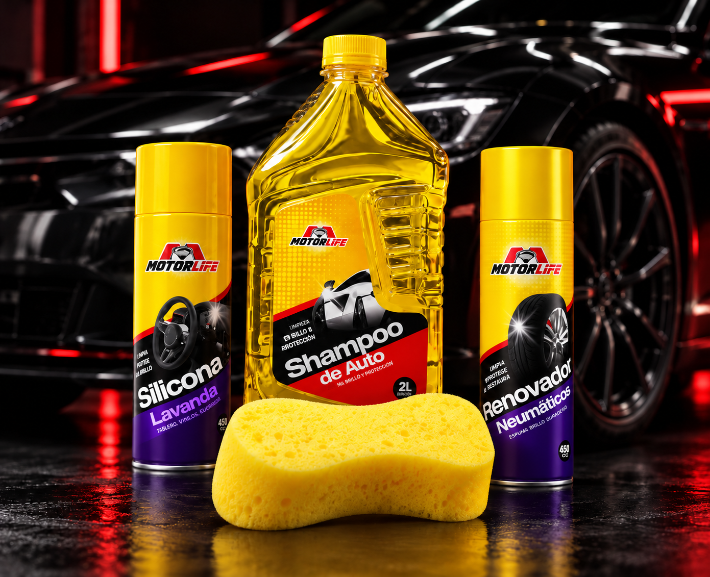Kit Motorlife para el lavado y cuidado del vehículo con shampoo, silicona, renovador de neumáticos y esponja