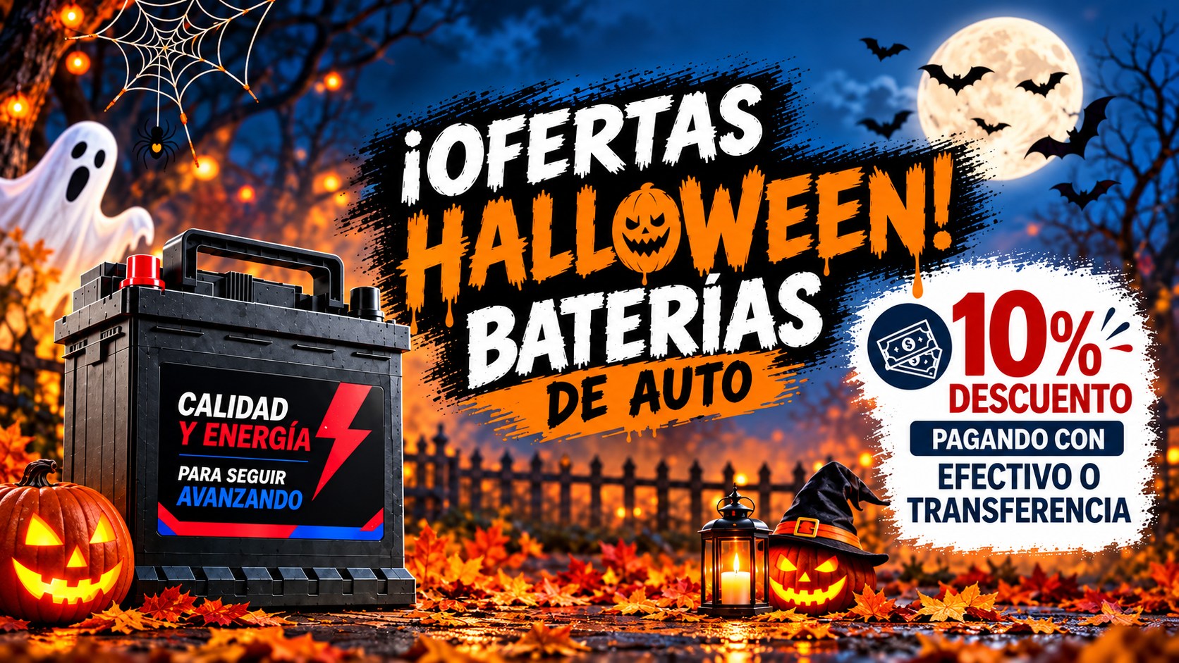 Ofertas Halloween: baterías de auto con 10% de descuento pagando con efectivo o transferencia