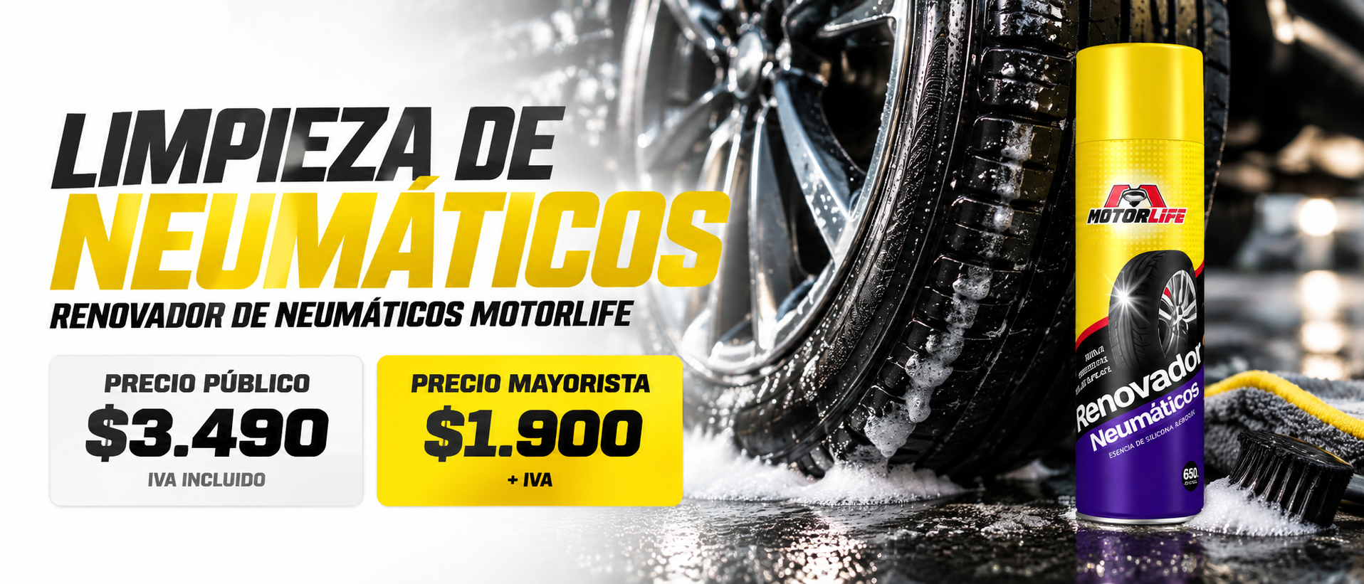 Renovador de neumáticos Motorlife, precio público $3.490 IVA incluido y precio mayorista $1.900 más IVA