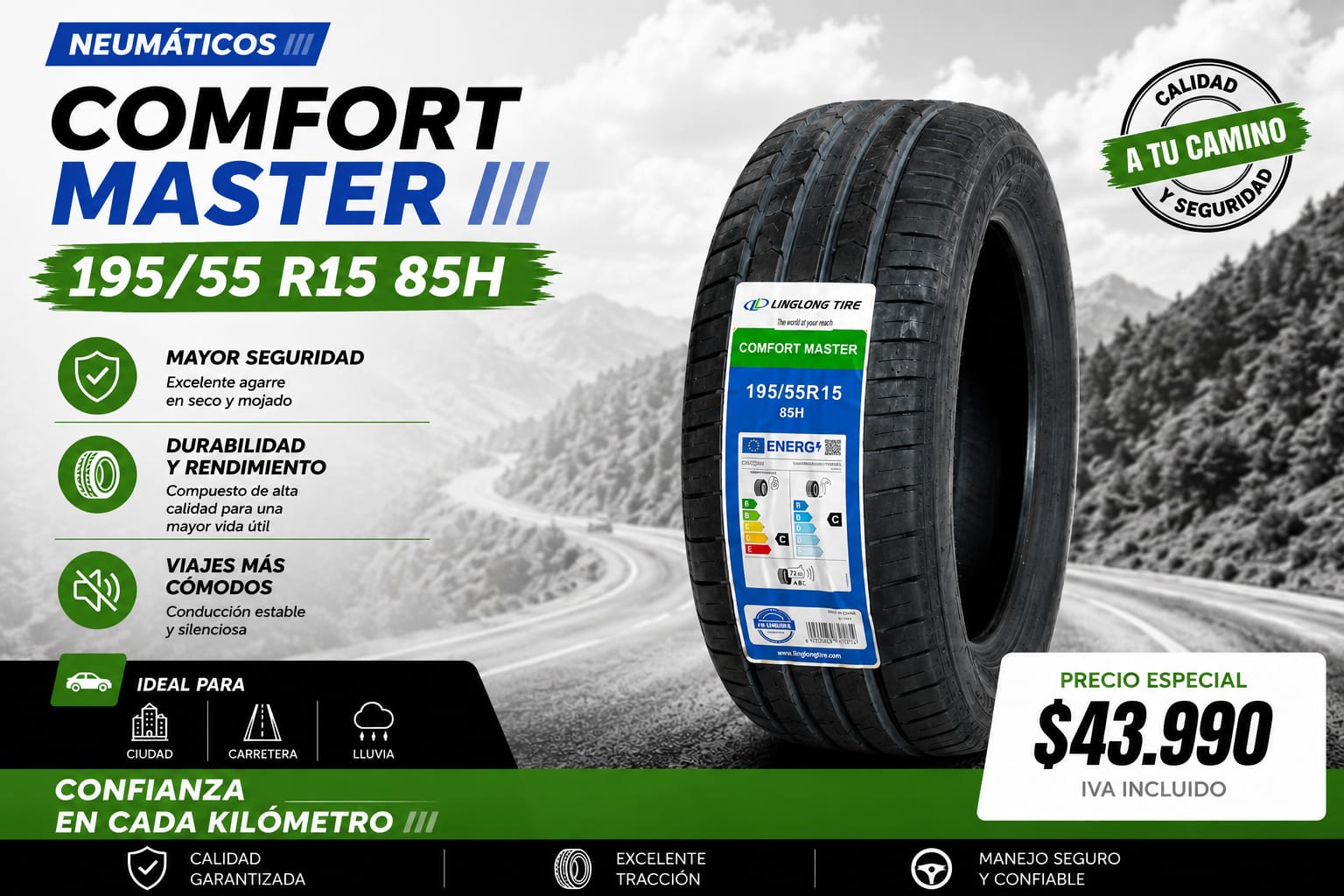 Neumático Linglong Comfort Master 195/55 R15 85H, precio especial $43.990 IVA incluido
