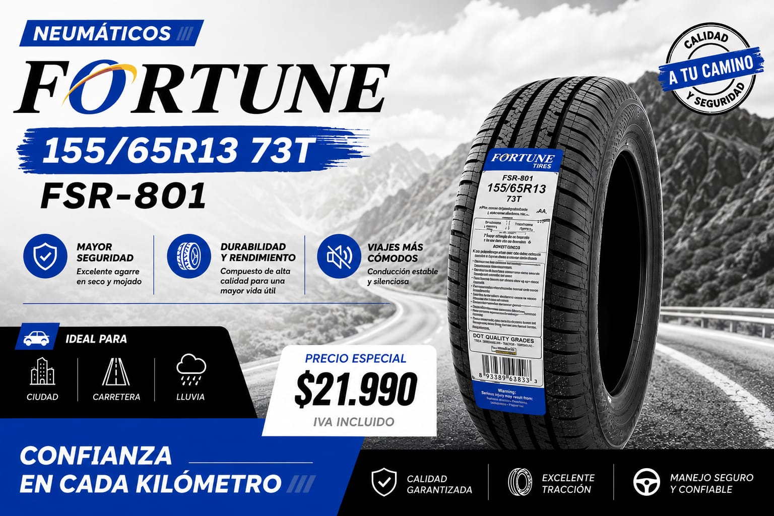 Neumático Fortune FSR-801 155/65 R13 73T, precio especial $21.990 IVA incluido
