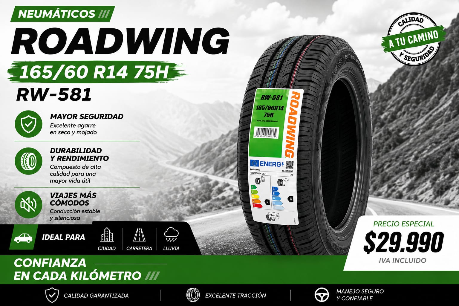 Neumático Roadwing RW-581 165/60 R14 75H, precio especial $29.990 IVA incluido